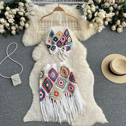 Bohemian Style Knitted Hollow Crocheted Halter Tube Top Short Skirt Two-piece Set