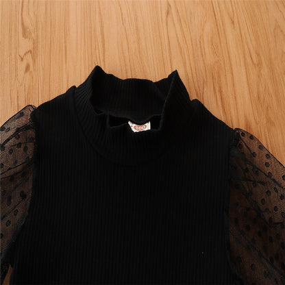 Girls' Suit New Children's Mesh Sleeves Top Denim Suspender Pants Two-piece Set