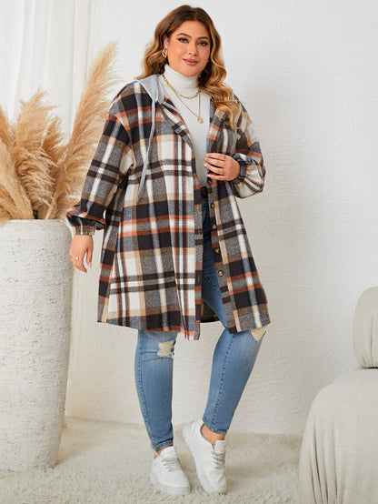 Autumn And Winter New Women's Clothing Plus-sized Plaid Hooded Mid-length Coat