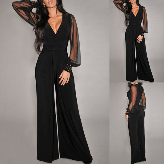 Mesh stitching rivet straight-leg jumpsuit