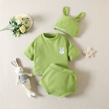 Spring Cute Solid Color Children T-shirt Shorts Hat Suit