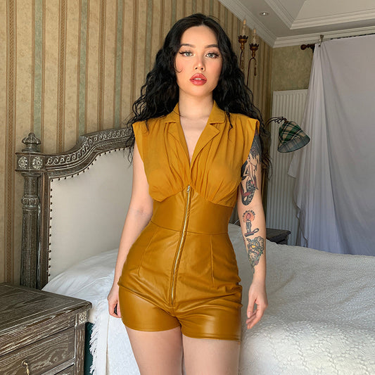 PU Leather Stitching Plastic Waist Lapel Shirt Jumpsuit Women's Shorts
