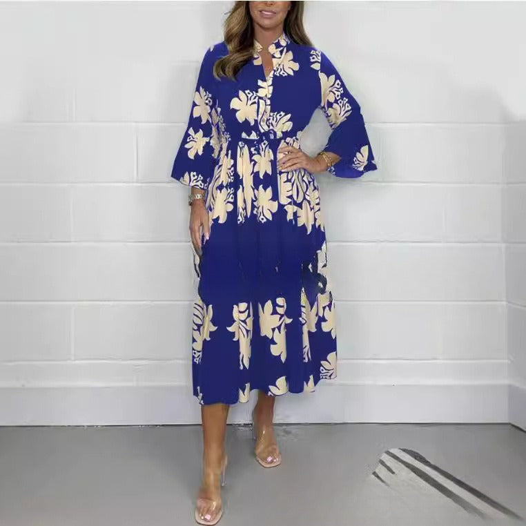 Elegant Printed Stand-up Collar Cinched Long Sleeve Dress