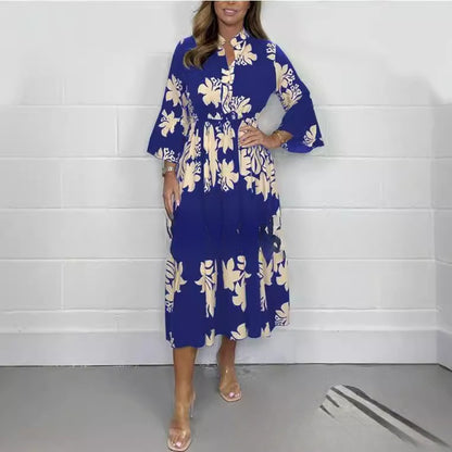 Elegant Printed Stand-up Collar Cinched Long Sleeve Dress