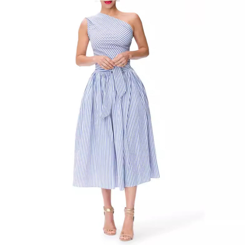 Women's Slant-shoulder Striped Dress