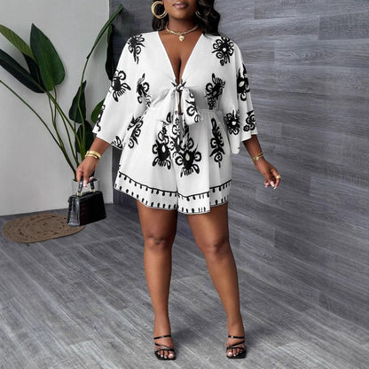 European And American Fashion Casual Bell Sleeve Women's V-neck Printed Clothes