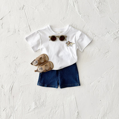 Children's Cartoon Dinosaur Embroidery Short Sleeved Set