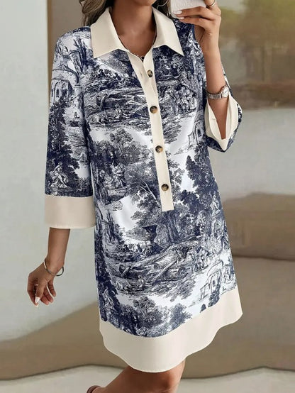 Autumn Half-sleeve Printed Loose And Elegant Shirt Dress