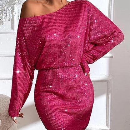 Spring Short Sleeve Loose Pullover Sequined Shirt Dress Off-shoulder Long Dress