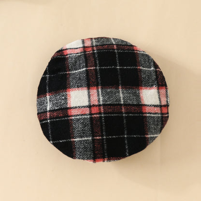 Turtleneck Top Drawstring Tartan Skirt Beret Three-piece Set