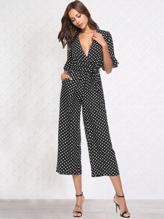 Half sleeve V-neck polka dot print jumpsuit