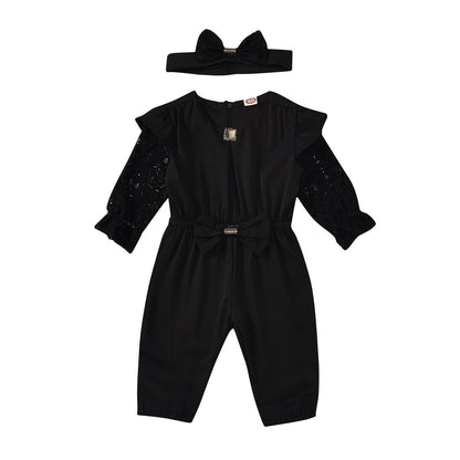 Round Neck Solid Color Zipper Girls Summer Long Sleeve Jumpsuit Headband Two Set