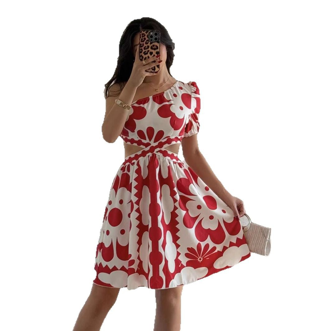 Symmetrical Neckline Hollow Waist Women's Dress