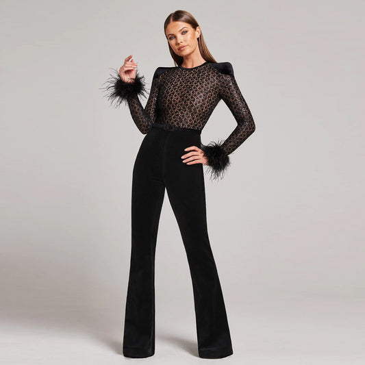 Women's Fashionable Elegant Lace Feather Sequins Bandage Jumpsuit