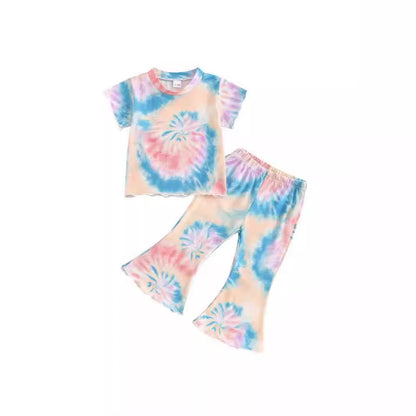 Girls' Tie-dye Peplum Top Bell-bottom Pants Suit