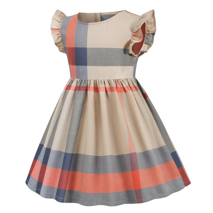 Women's Pure Cotton Sleeve Plaid Small And Medium Children's Dress