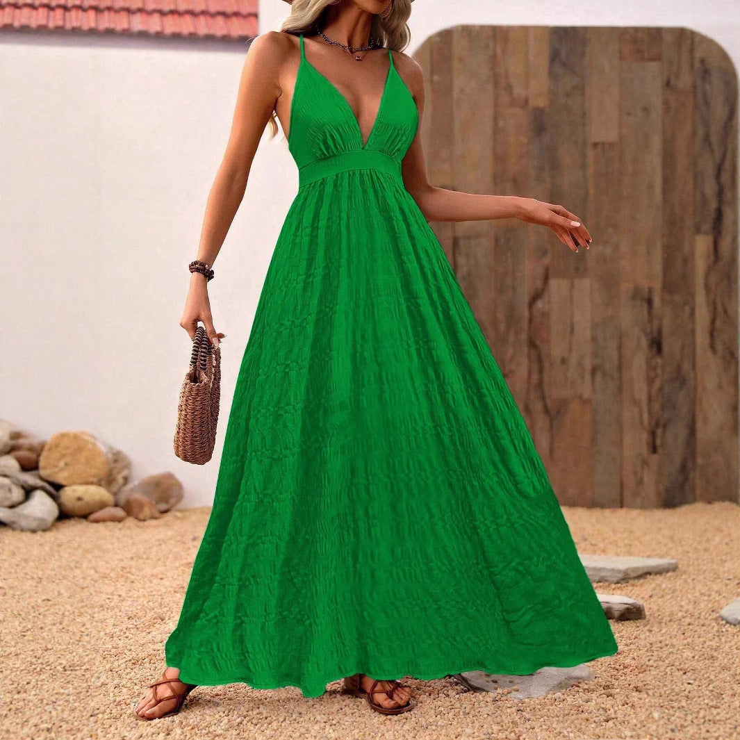 Vacation Style Solid Color Deep V-neck Spaghetti Strap Dress
