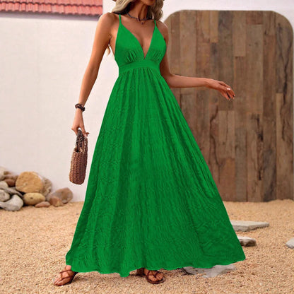 Vacation Style Solid Color Deep V-neck Spaghetti Strap Dress