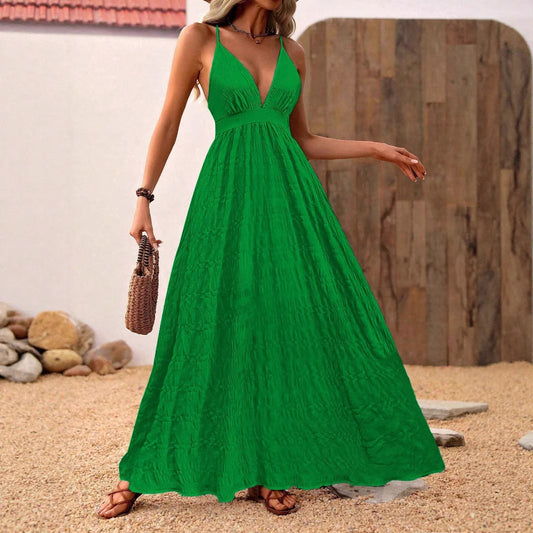 Vacation Style Solid Color Deep V-neck Spaghetti Strap Dress