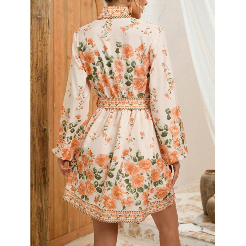 Winter European And American Flower Printing Long Sleeve Tied Dress