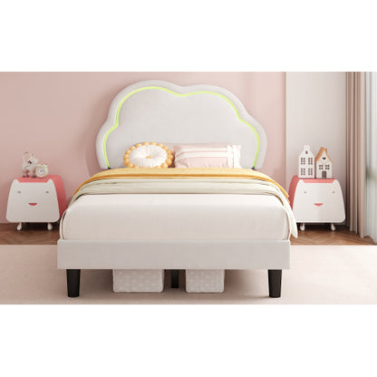 3ft Single Upholstered Bed With LED Adjustable Cute Cloud Headboard, Soft Velvet Bed Frame With Solid Wood Slat, No Box Spring Needed, Easy Assembly, Cream White No Mattress