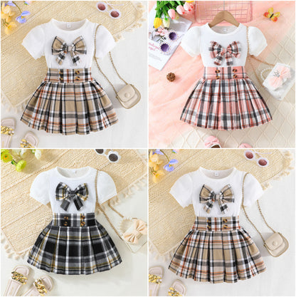 Top Plaid Bow Plaid Skirt Fashion Baby Girl Two-piece Set