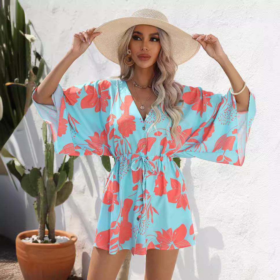 Women's Summer Leaf Print Half-length Sleeve Dress