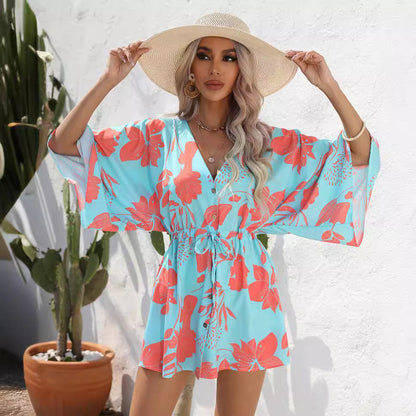 Women's Summer Leaf Print Half-length Sleeve Dress