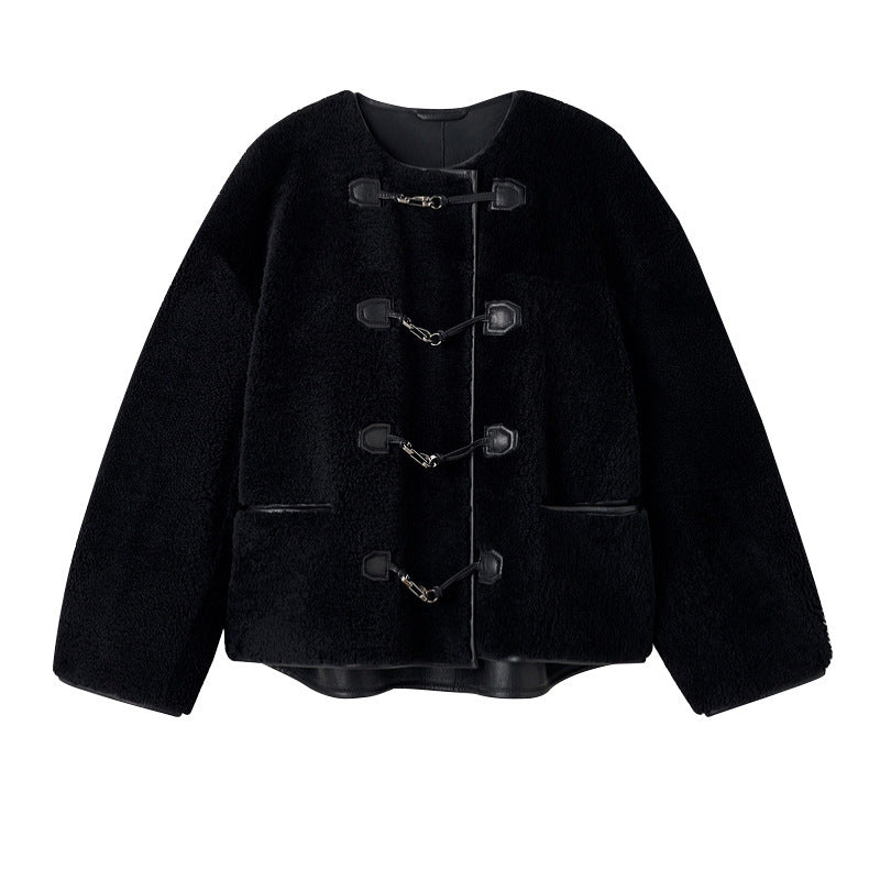 Autumn And Winter New Metal Leather Ring Fur Stitching Casual Fashionable Stylish Coat