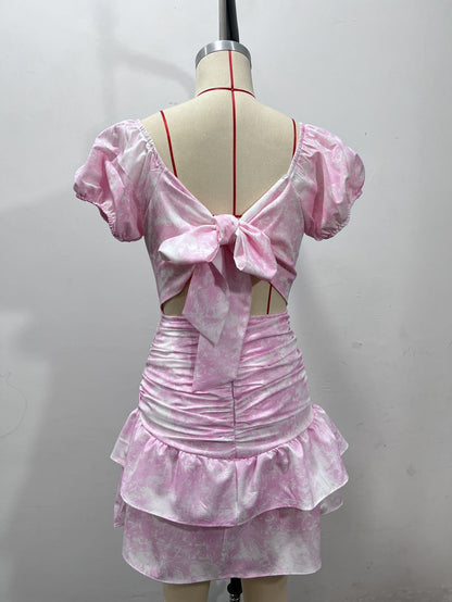 Summer Short Skirt Casual Puff Sleeve Floral