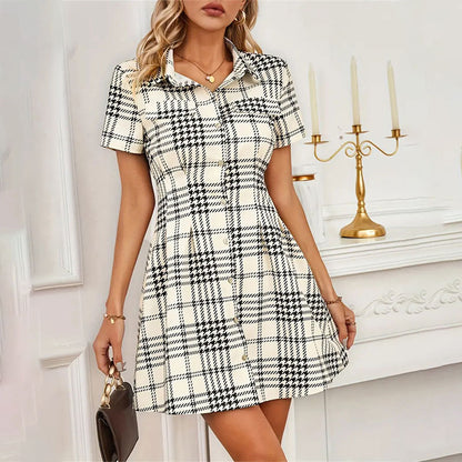 Fashionable Waist-trimming Houndstooth Short Women's Dress