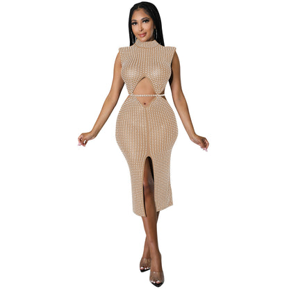 Fashion Mesh See-through Hot Rhinestone Hollow Split Dress Women's Clothing