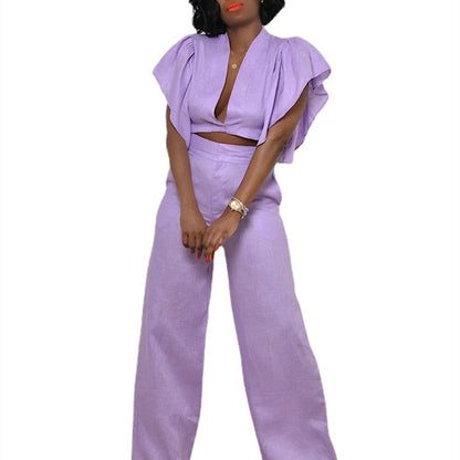 Women's Temperament Casual V-neck Linen Sleeve Pants Set