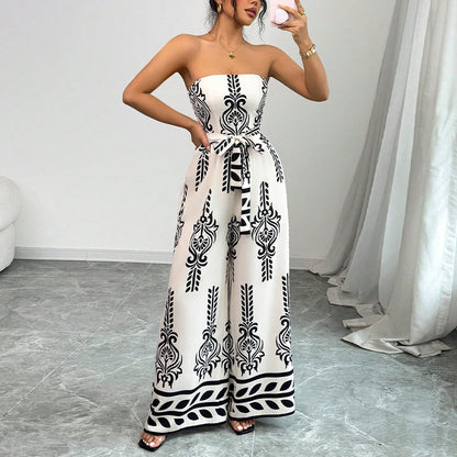 Women's Wide-leg Slim Fit Tied Printed Jumpsuit