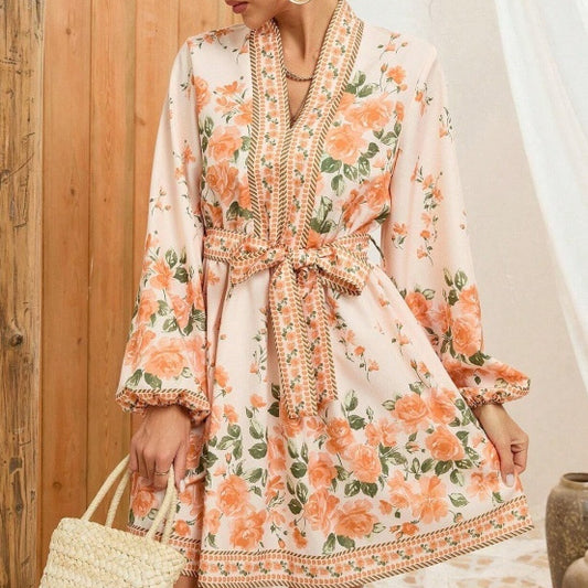 Winter European And American Flower Printing Long Sleeve Tied Dress