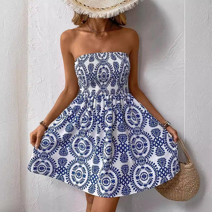 Elegant Fashion Blue Printed Tube Top Dress