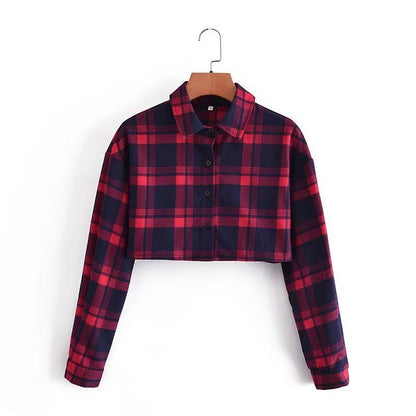 Autumn And Winter Plaid Lapel Long-sleeved Single-breasted Short Plaid Shirt