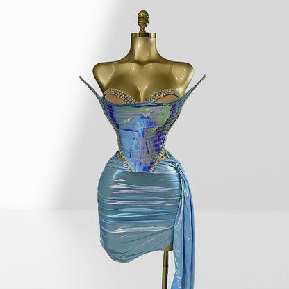 Fashionable Metal Mirror Three-dimensional Design Top Hip Skirt