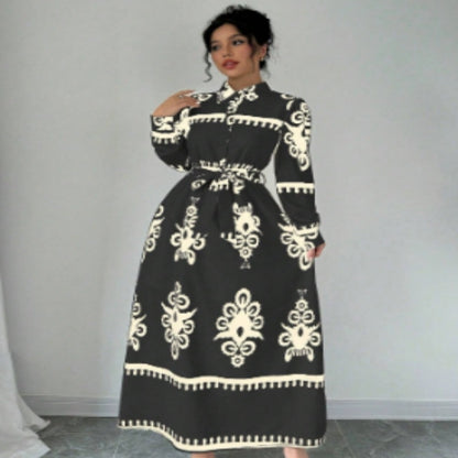 Printed Lace Up European And American Elegant Dress