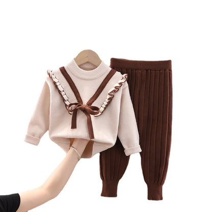 Girls Ruffled Suit Sweater Autumn And Winter Pullover Round Neck Children's Sweater