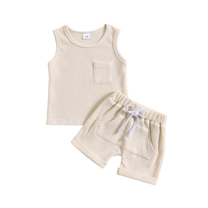 Children's Summer Korean Style Sleeveless Vest Waffle Solid Color Suit