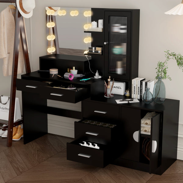 3-door, 4-drawer, Dressing Table, With Sockets, With Tri-tone Light Bulbs, With GRB Light Strip, Combination Cabinet
