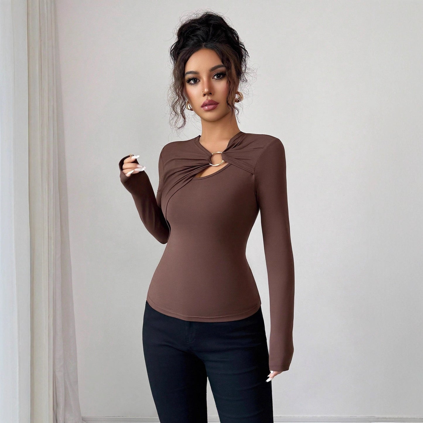 Asymmetric Hollow Metal Trim Slim Top