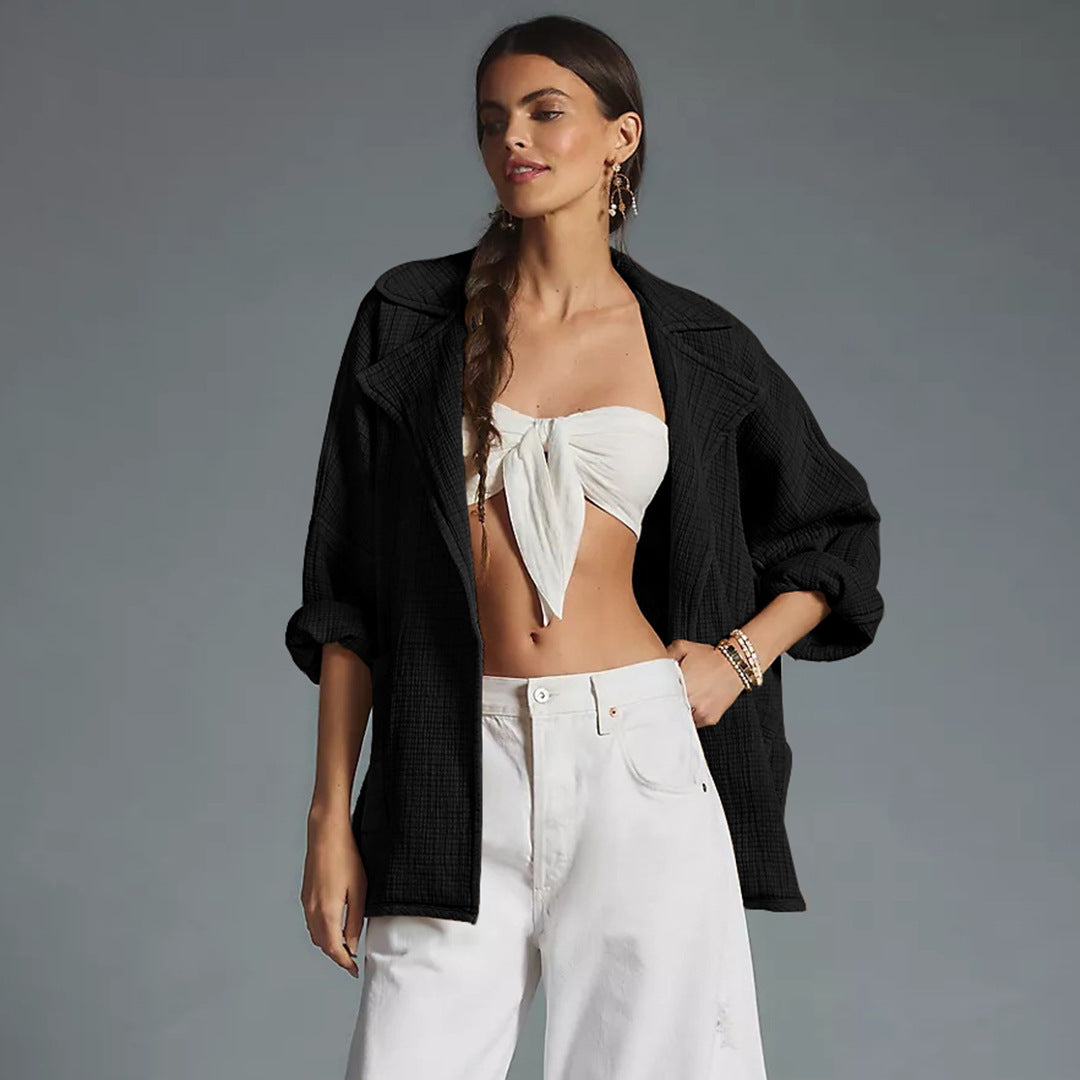 All-match Cardigan Lapel Long Sleeve Solid Color Top