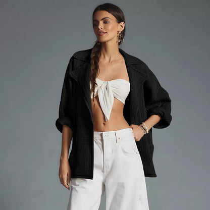 All-match Cardigan Lapel Long Sleeve Solid Color Top