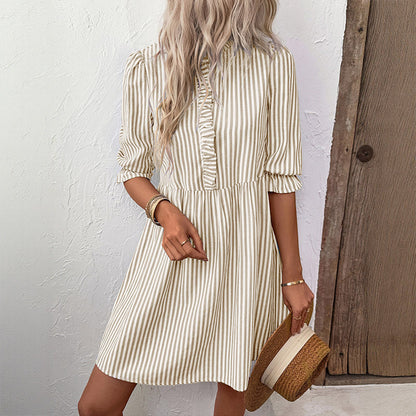 Puff Sleeve Stand Collar Striped Dress Summer