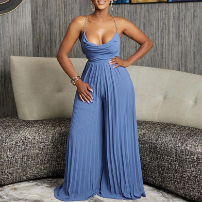 Women's Chain On Neck High Waist Pleated Wide-leg Jumpsuit