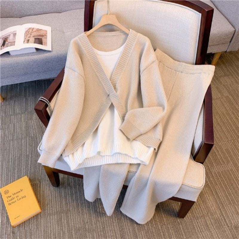 New Casual Knitted Sweater Loose Youthful-looking Wear Slimming Wide Leg Pants Two-piece Suit