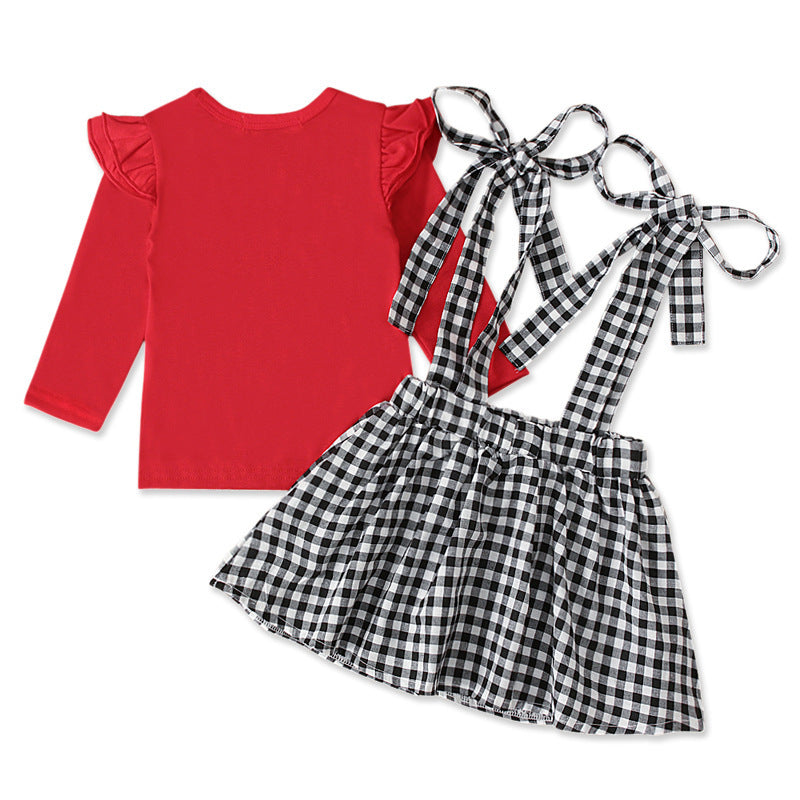 Girls' Long-sleeved Bow Suspender Skirt Suit