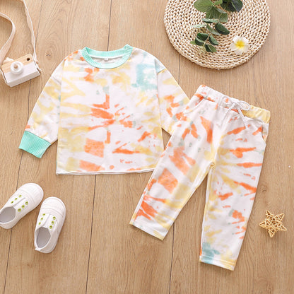 Round Neck Tie-dye Long-sleeved Sweater And Trousers Two-piece Suit